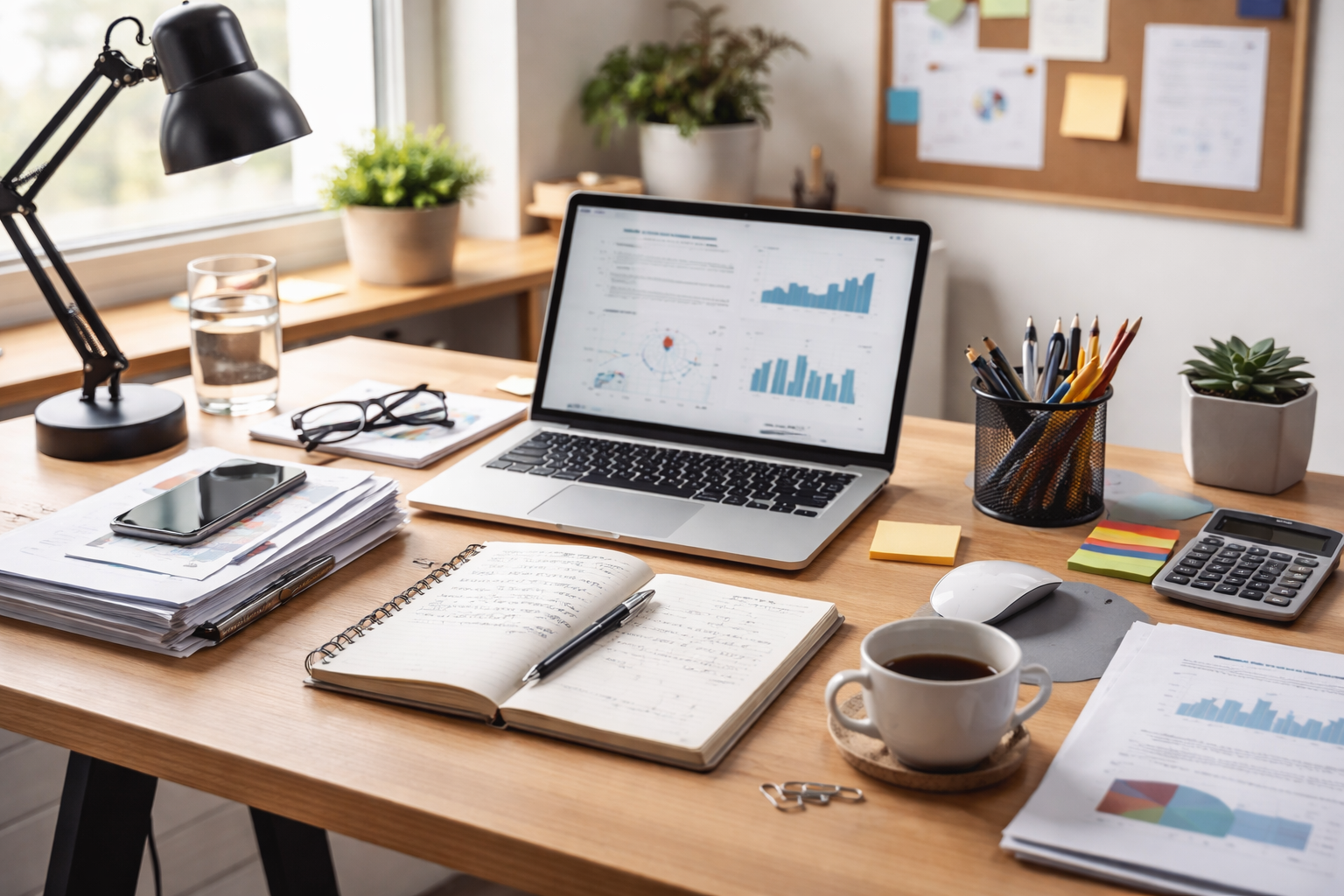 Moderner Schreibtisch mit Unterlagen und Laptop