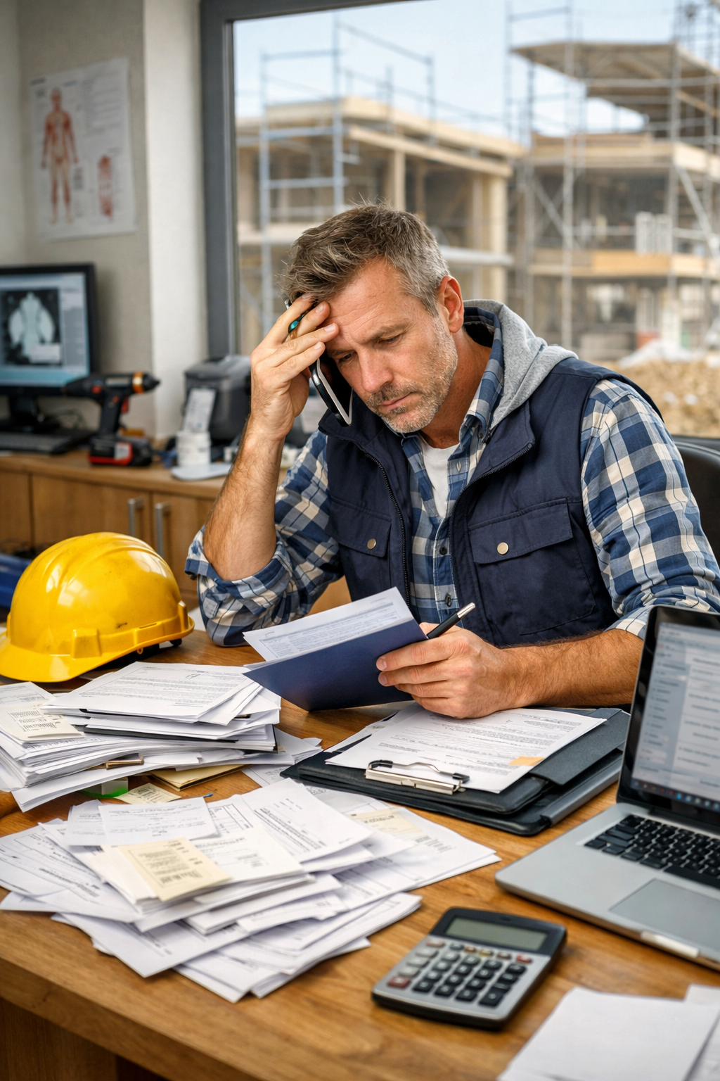 Handwerker zwischen Baustelle und Büro mit Angeboten und Rechnungen