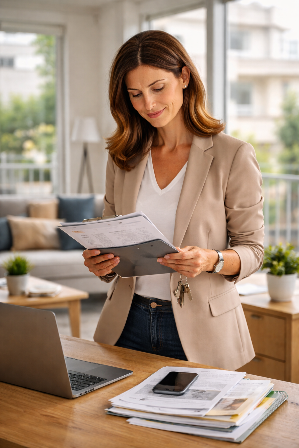 Maklerin organisiert Besichtigungen, E-Mails und Termine